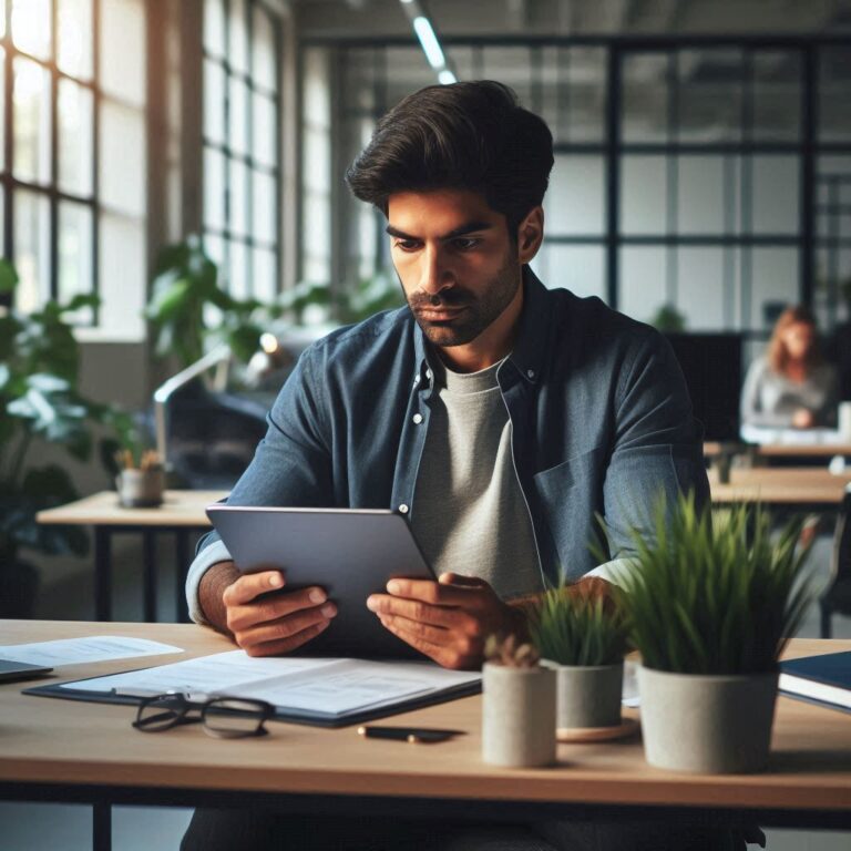 Mężczyzna siedzący w biurze korzysta z tableta